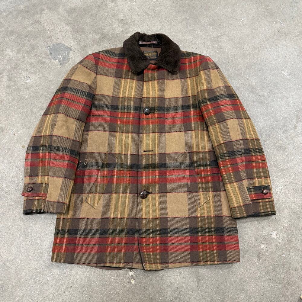 Vintage 70s Pendleton Wool Coat Jacket Brown Plaid Shearling Collar Sherpa Large